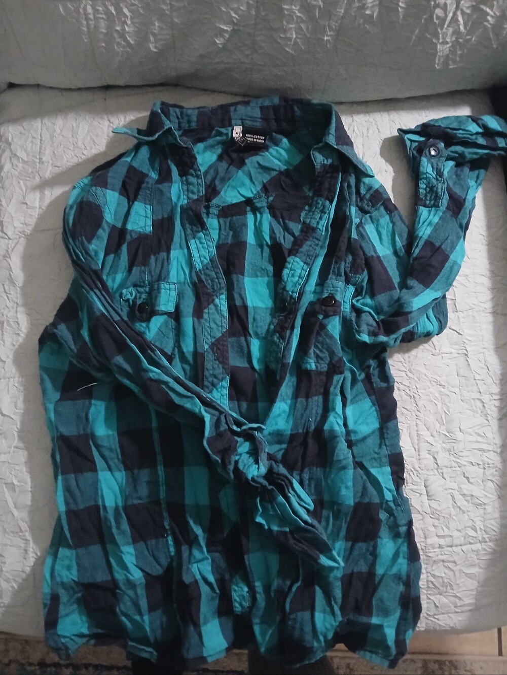 WomanTeal and Black Plaid Shirt - Casual Button-Up